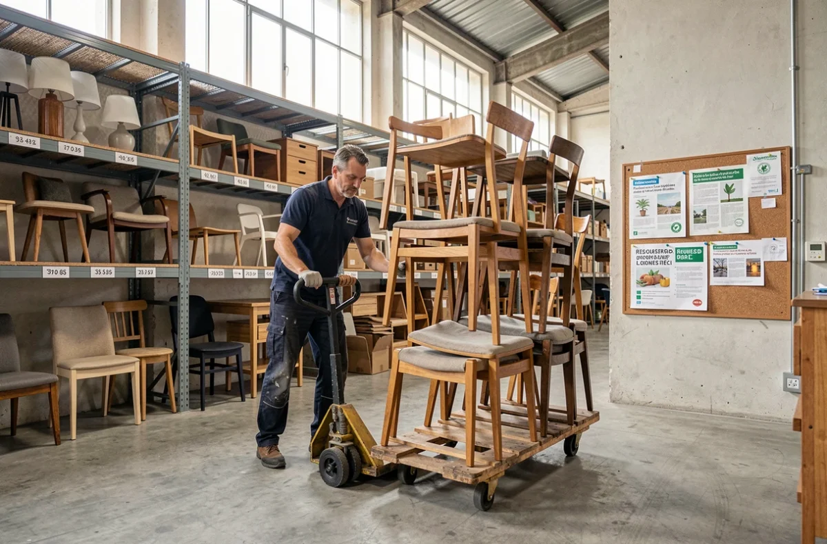 Agent de la Ressourcerie Marseillaise déplaçant des chaises récupérées dans un entrepôt de tri des Bouches-du-Rhône