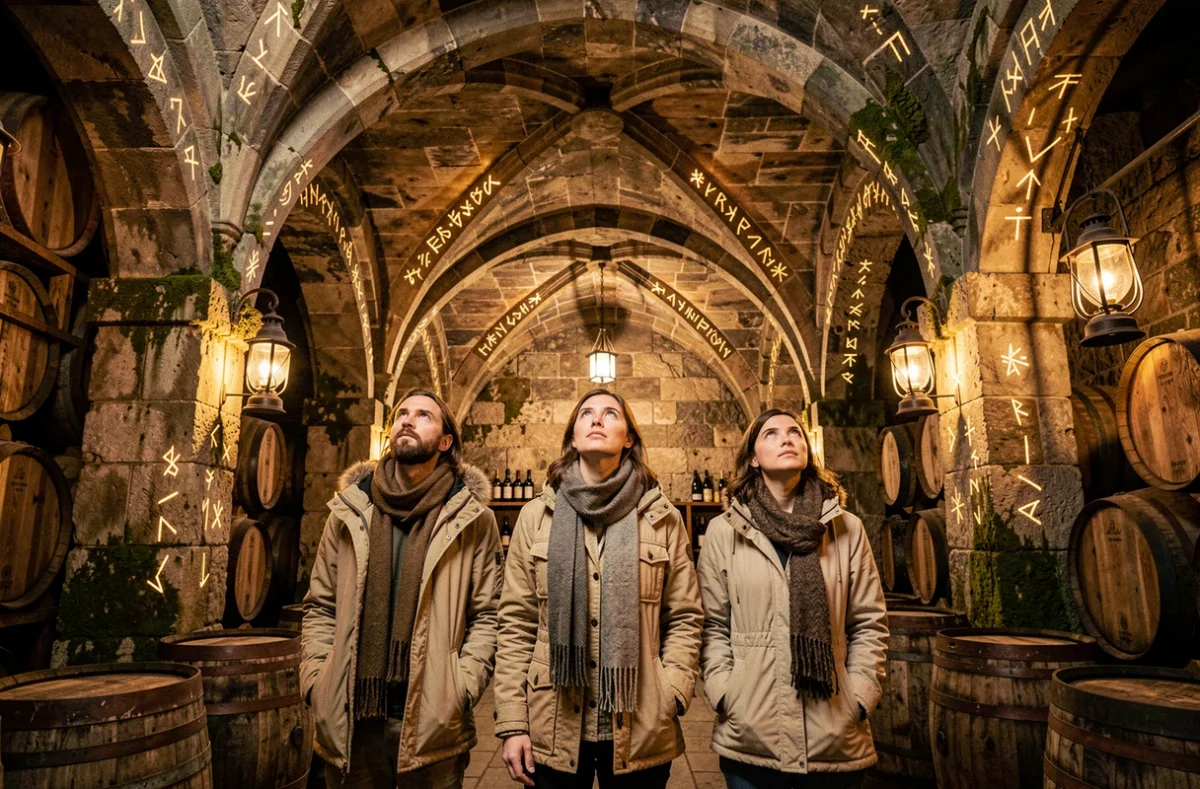 Groupe de joueurs admirant le décor médiéval en pierres et lanternes de Run to the Light à Colmar