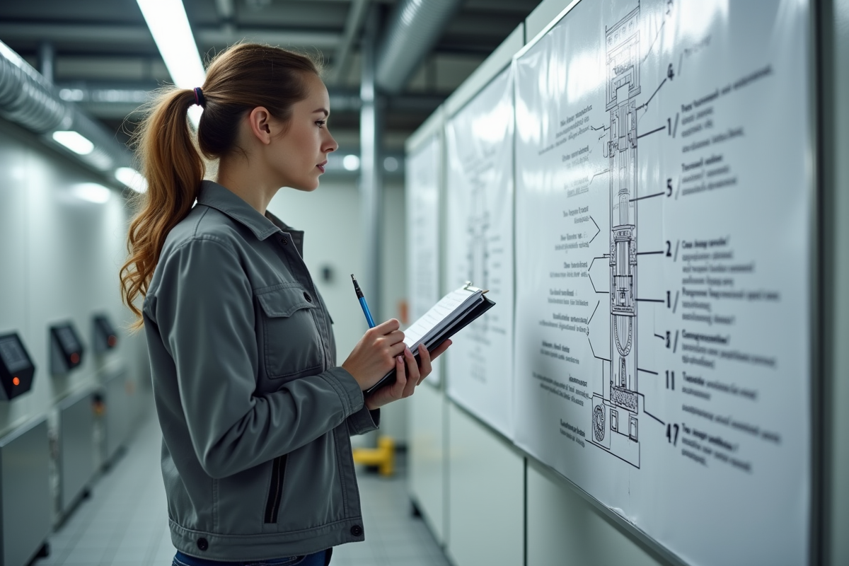 Jeune femme analysant un schéma de bac tampon en intérieur