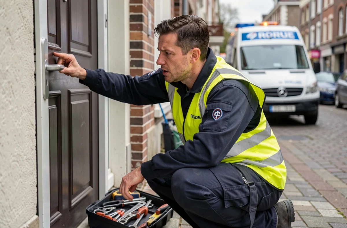 Serrurier du Serrurier De Rouen en intervention rapide devant une porte résidentielle avec van de service visible