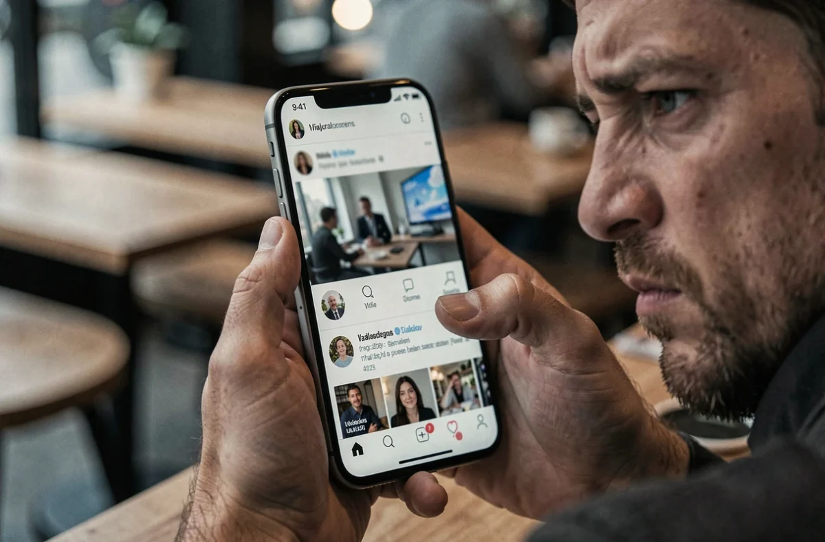 Gros plan sur un smartphone affichant des contenus floutés liés à une plateforme de leak, mains masculines tenant l'appareil dans un café urbain moderne