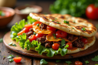 Taco naan coloré avec viande et légumes frais