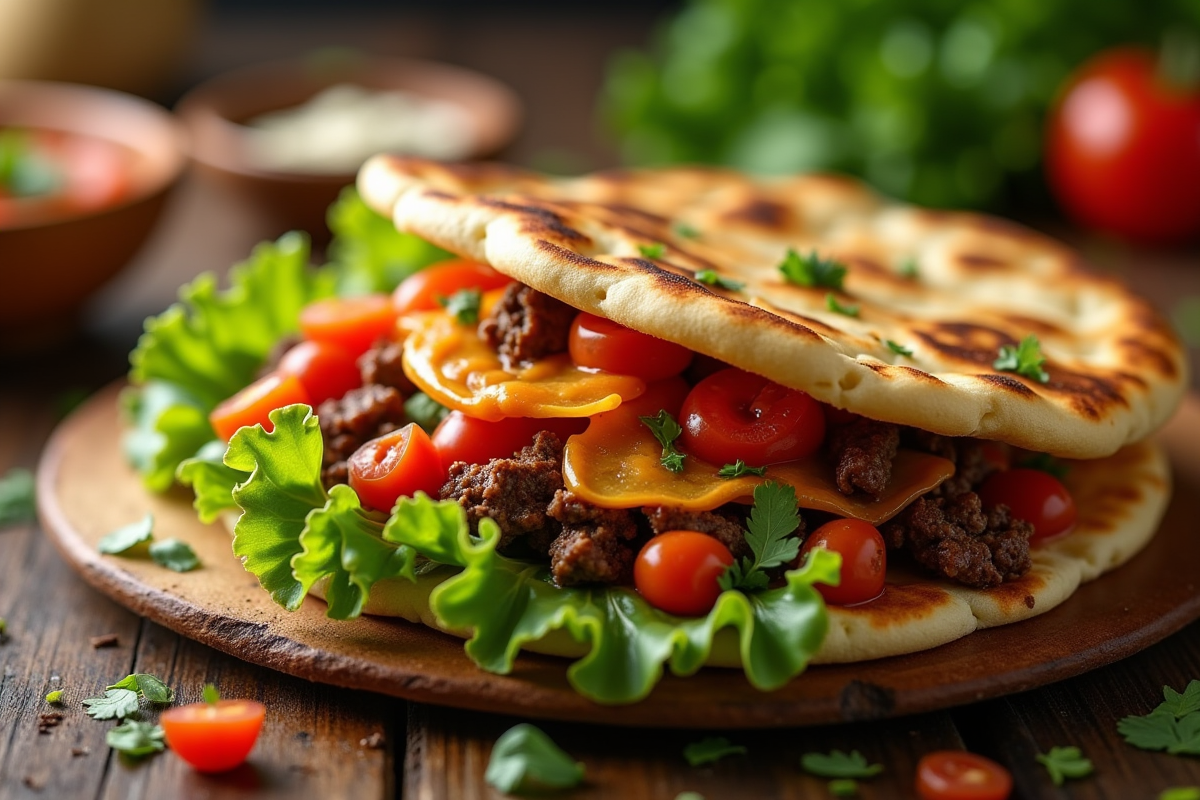 Taco naan coloré avec viande et légumes frais