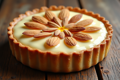Tarte aux amandes fraîche sortie du four sur une table en bois