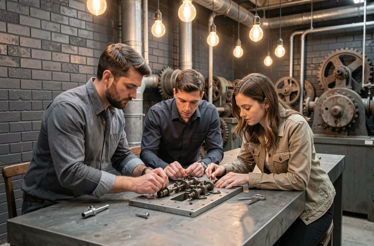 Joueurs résolvant une énigme mécanique dans la salle de style industriel de Team Factory à Mulhouse