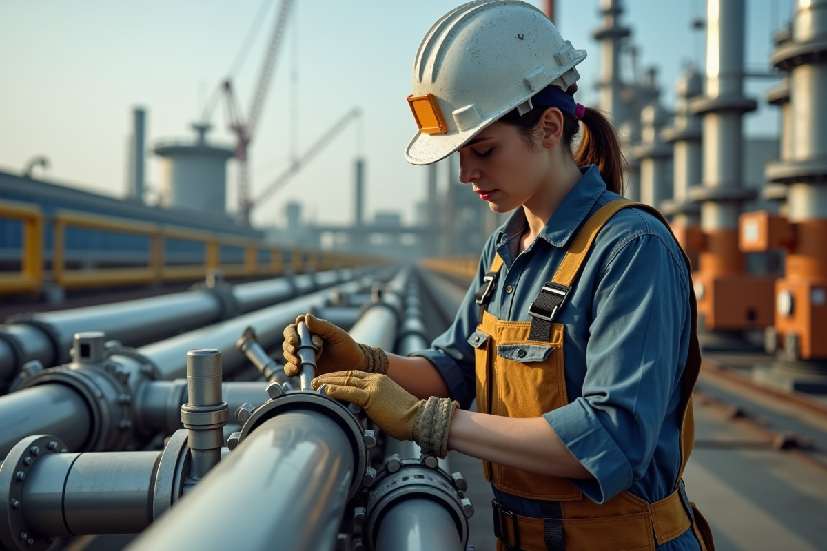 Technicienne installant des raccords sur des tuyaux en extérieur