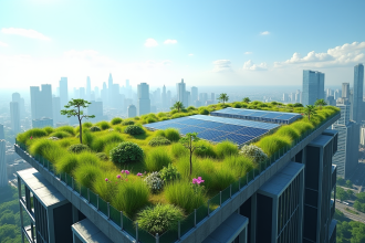 Toit végétal moderne avec panneaux solaires en ville