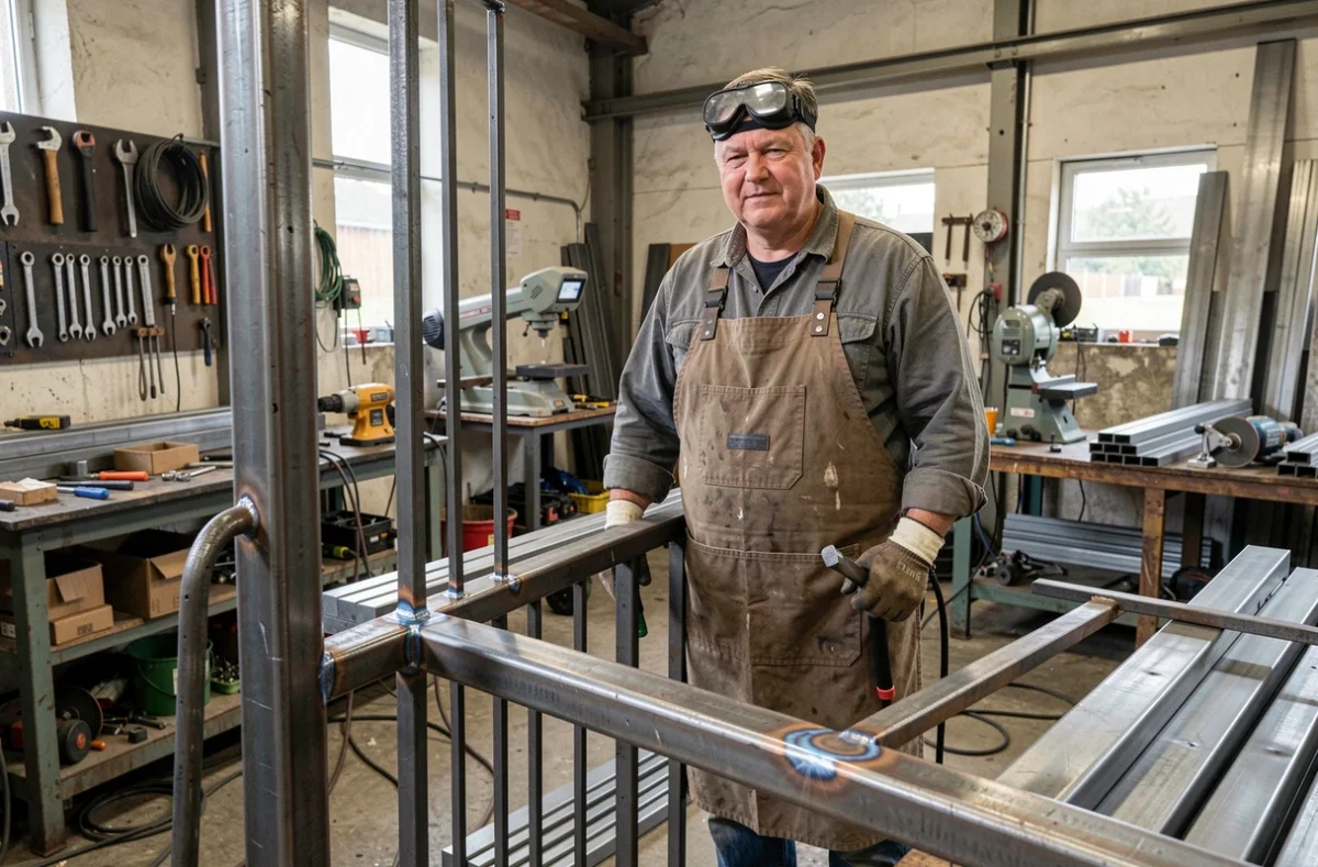 Artisan de Turgis Seb posant devant une section de portail soudé dans un atelier de serrurerie et soudure de l'agglomération rouennaise