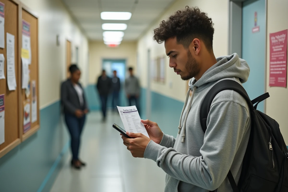 Jeune volontaire en service civique consultant sa fiche de paie et son téléphone dans les couloirs d'un centre communautaire